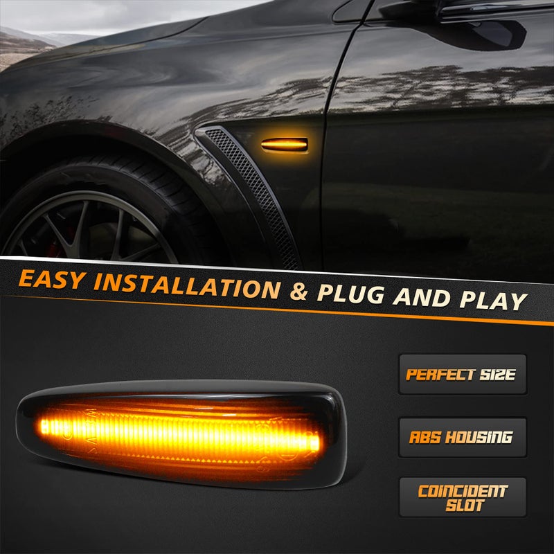 HERCOO Sequential Blink Amber LED Side Marker Light Assembly Compatible with Mitsubishi Lancer Outlander 2008-2013 Turn Signal Lamp Smoked Lens, Pack of 2 - Image 2
