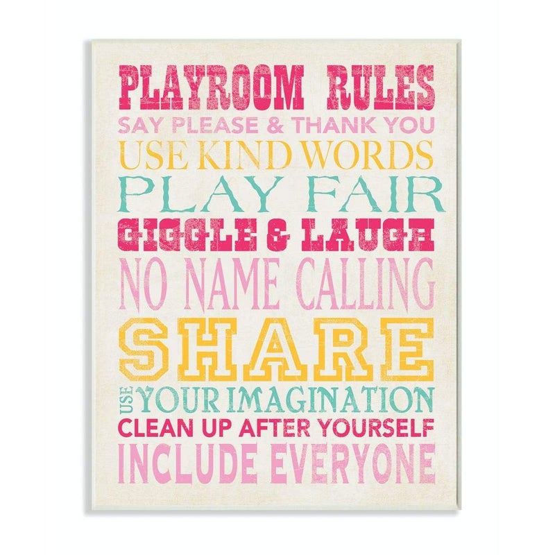 Stupell Home Dcor Playroom Rules Typography in Pinks Yellow and Blue Canvas Wall Art 16 x 20 MultiColor