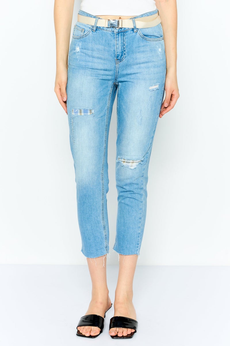 ONLY Women Boyfriend Fit Rip Non Stretchable Jeans, Blue - Image 1
