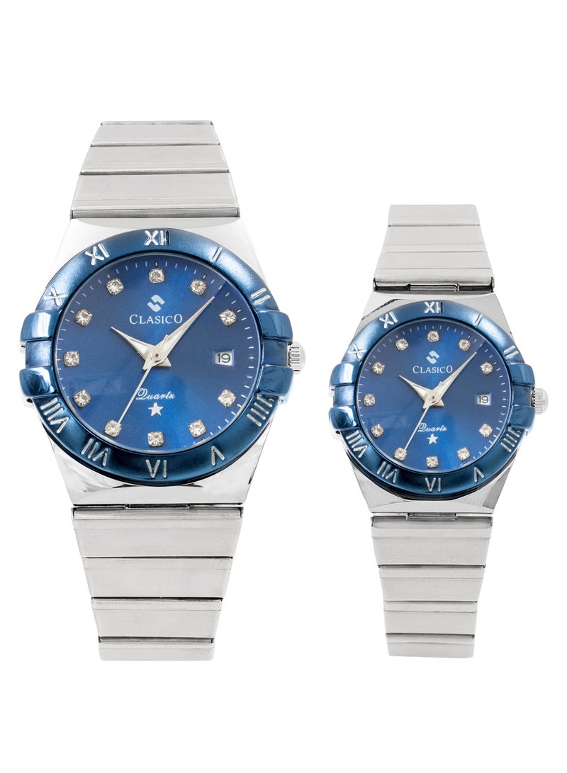 Clasico Twin-Face Couple Edition – Silver Radiance with Blue Dial – 6-Hands Chronograph Watch with Steel Strap – Waterproof Design – Watch Gift Set 40mm & 36mm  - Image 1