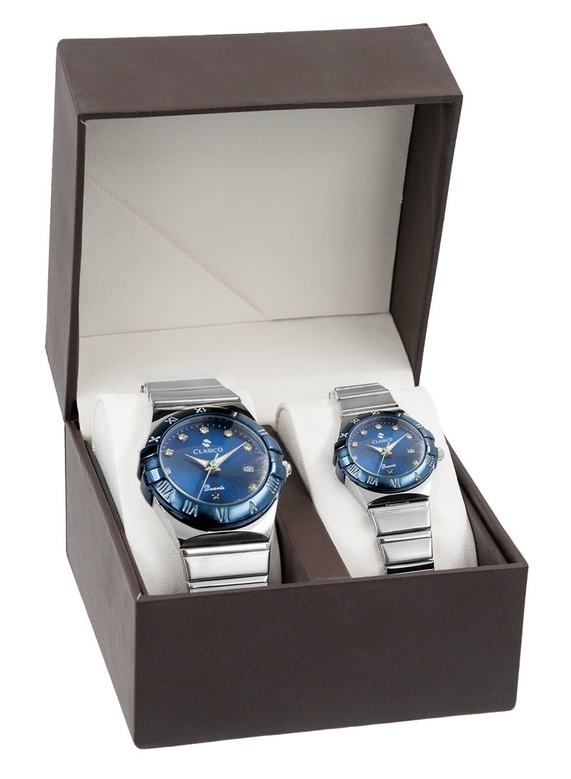 Clasico Twin-Face Couple Edition – Silver Radiance with Blue Dial – 6-Hands Chronograph Watch with Steel Strap – Waterproof Design – Watch Gift Set 40mm & 36mm  - Image 3