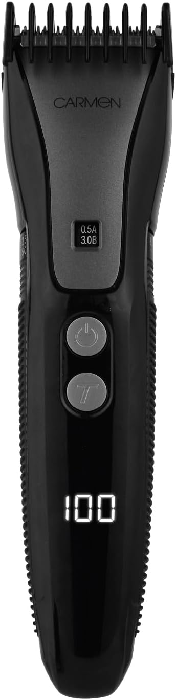 Carmen C81207 Hydra Mens Professional IPX7 Hair Clipper with LED Display Premium Titanium Coated Blades Turbo Technology Adjustable Cutting Length 60 Minute Cordless Runtime Black and Titanium