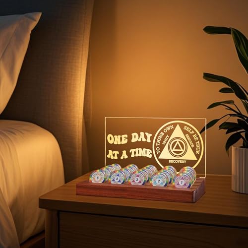 Lampeez Light up AA Coin Holder, Sobriety Milestone Display, Acrylic Wooden Base with USB Night Light for Recovery Motivation Celebrations - Image 3