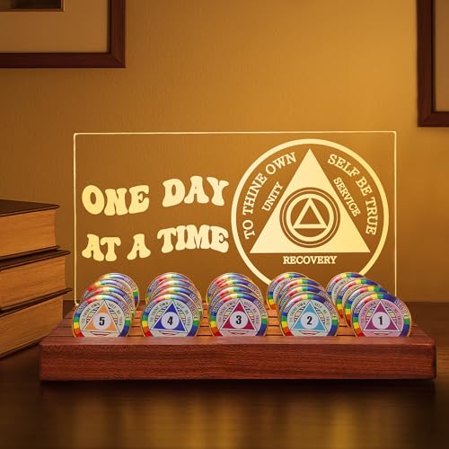 Lampeez Light up AA Coin Holder, Sobriety Milestone Display, Acrylic Wooden Base with USB Night Light for Recovery Motivation Celebrations - Image 1