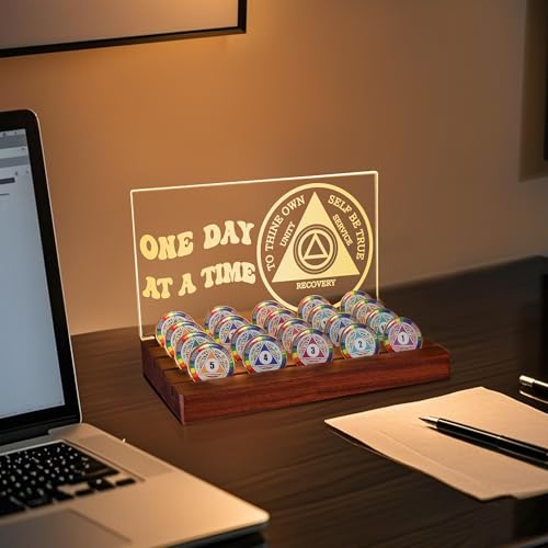 Lampeez Light up AA Coin Holder, Sobriety Milestone Display, Acrylic Wooden Base with USB Night Light for Recovery Motivation Celebrations - Image 5