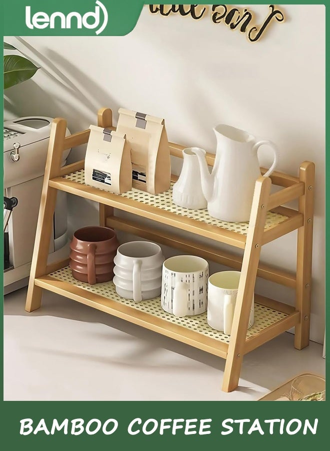 LENND Coffee Station Organizer, Bamboo Mug Holder Countertop, Kitchen Counter Shelf for Tea Coffee Bar Accessories, Matcha Stand, Cup Display, Condiment Storage Rack - Image 1