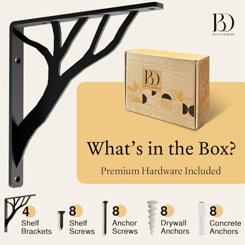 Balin Designs Rustic Tree Black Heavy Duty Shelf Brackets 10 inch by Balin Designs, Decorative L Brackets, Iron Metal Floating Shelf Bracket, Wall Mount Shelving Bracket, Included Hardware, Set of 4 - Image 4