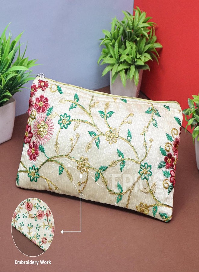 Epics (Pack of 3 Embroidery Wedding Return Gift for Women | Wholesale Bridal Traveling Potli Bag with Zipper | Shagun Purse for Gifting Haldi & Mehandi (White) - Image 5