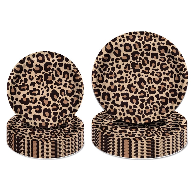 LeZakaa 50Pcs Party Paper Plates Sets - Brown Leopard Print Design Disposable Plates Decorative Tableware Supplies Table Decor for Birthday, Theme Holiday Party - 7 Inch & 9 Inch - Image 1