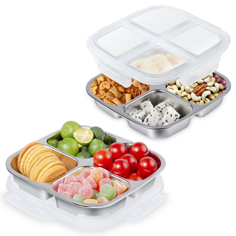 PTYTIFY 2 Pack Stainless Steel Snack Containers, 4 Compartment Lunch Containers with Lids, Snack Box Container for Food Lunch Meal Prep Reusable - Image 1