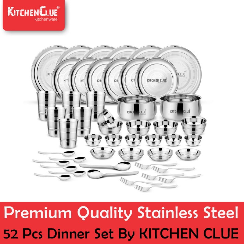 KITCHEN CLUE طقم عشاء من الفولاذ المقاوم للصدأ KITCHEN CLUE I طقم مطبخ من 52 قطعة I طقم عشاء غير قابل للكسر لأدوات المطبخ I طقم عشاء من الفولاذ المقاوم للصدأ متين للاستخدام اليومي مع لمسة فضية لامعة - Image 2