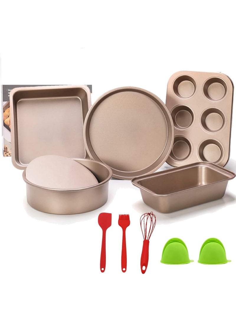 10 Pieces Baking Set, Carbon Steel Nonstick Baking Pan Set, Food Grade Carbon Steel Cake, 6 Cup Muffin Baking Pan, Square Round Baking Pan, Pizza Pan, Rectangular Toast Box, Kitchen Baking Tools with Egg beater,Rack u0026 Mitts - Image 1
