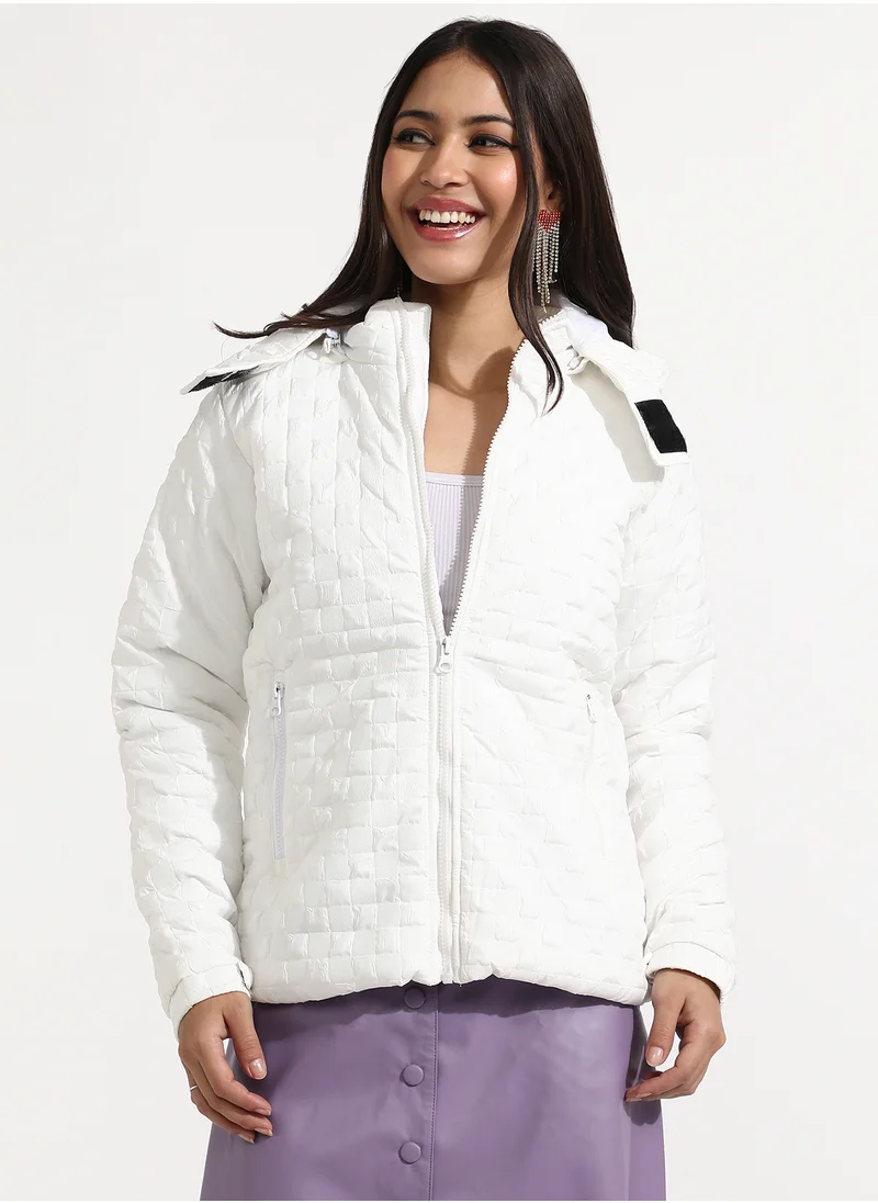 Campus Sutra Women's Powder White Buffallo Check Quilted Puffer Jacket