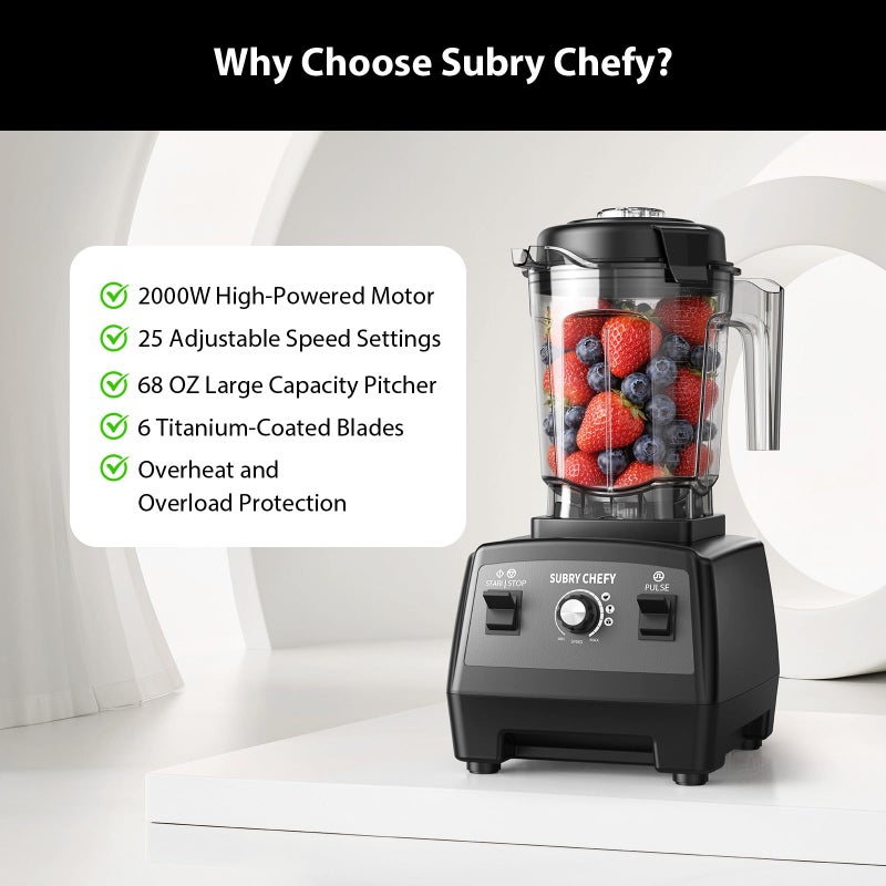 Subry Chefy Countertop Blender Pro 2000W, Professional High-Speed Blender with Powerful Brushless Motor, 25-Speed, 68oz, Heavy Duty Kitchen Blender for Smoothies, Ice Crushing & Food Prep, Black - Image 2