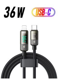 USB-C to Lightning Cable, 36W Transparent Data Cable PD Charger Digital Display, Auto Power Off Dual Core Protection, High Speed Data Transfer, for iPhone