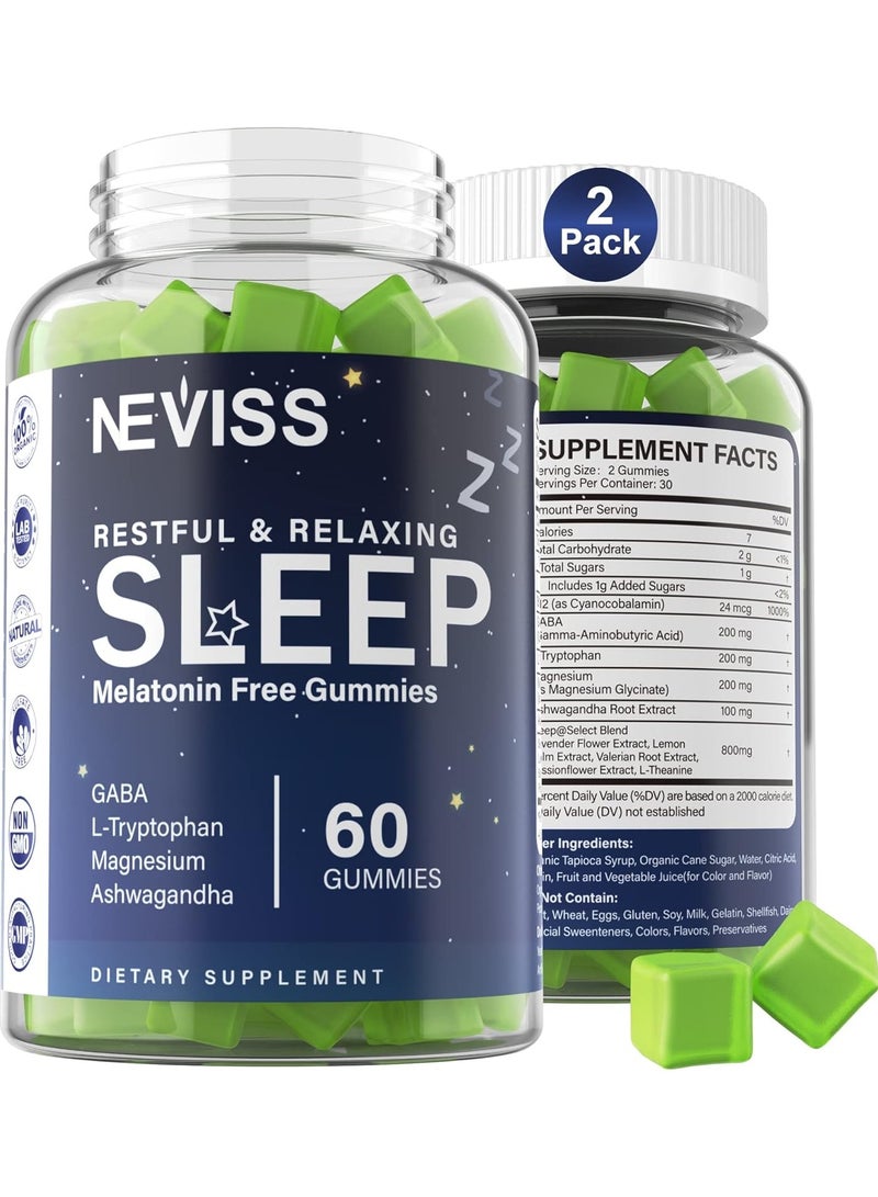 NEVISS جلوى النوم خالية من الميلاتونين للبالغين - غابا، إل-تريبتوفان، مغنيسيوم، أشواغاندا - غير مسبب للإدمان، مساعدة للاسترخاء العميق - نباتي، بنكهة ليمون ماير، عبوة 2 - Image 1
