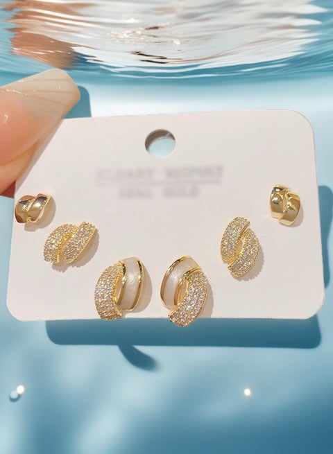 3-Piece Gold-Plated Hoop Earrings Set for Women – Smooth/Full Diamond/Mother-of-Pearl Styles, Fashion Jewelry