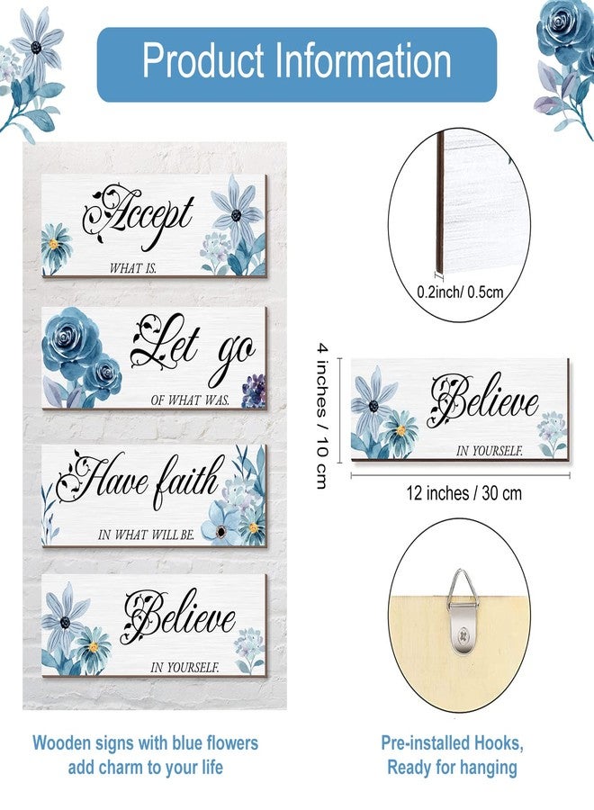 Joyhawk 4 Pieces Blue Flower Wall Decor For Bedroom, Accept-Let go-Have faith-Believe Wooden Inspirational Wall Art Decorations for Living Room Bathroom,Rustic Wooden Farmhouse Home Decor, 12 x 4 Inch - Image 2