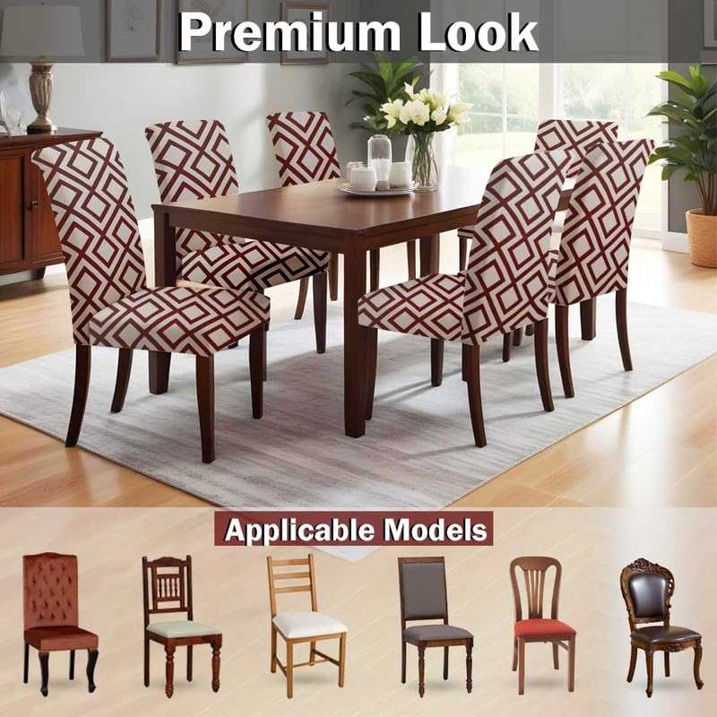 HOTKEI Pack Of 6 Geometric Print Elastic Stretchable Dining Table Chair Seat Cover Protector Slipcover For Dining Table Chair Covers Stretchable 1 Piece Set Of 6 Seater OffWhite - Image 5