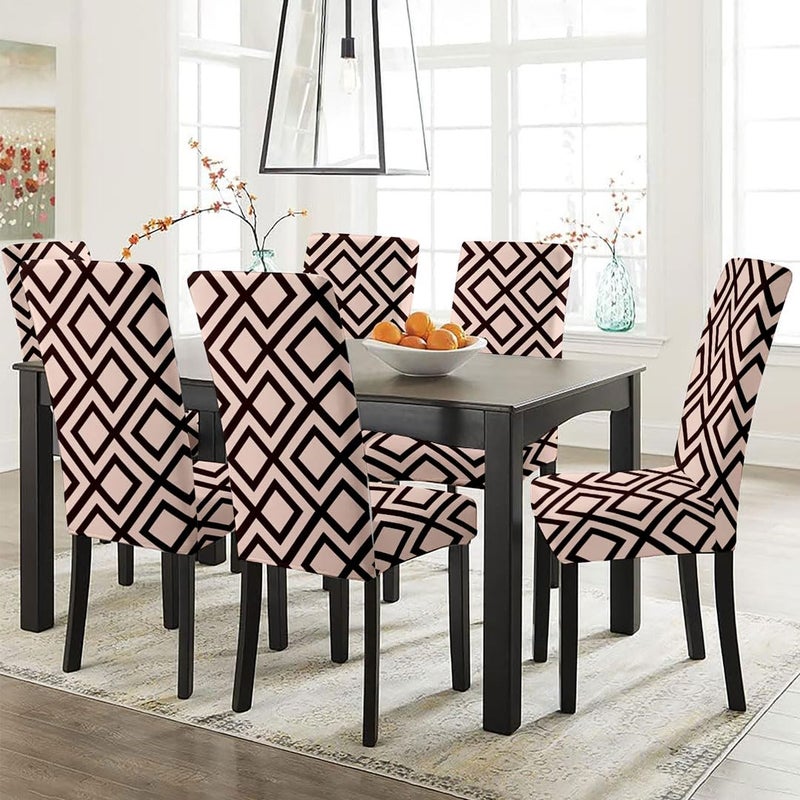 HOTKEI Pack Of 6 Geometric Print Elastic Stretchable Dining Table Chair Seat Cover Protector Slipcover For Dining Table Chair Covers Stretchable 1 Piece Set Of 6 Seater OffWhite - Image 1