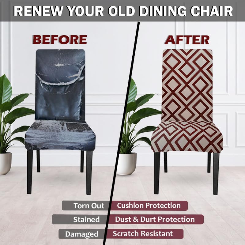 HOTKEI Pack Of 6 Geometric Print Elastic Stretchable Dining Table Chair Seat Cover Protector Slipcover For Dining Table Chair Covers Stretchable 1 Piece Set Of 6 Seater OffWhite - Image 2