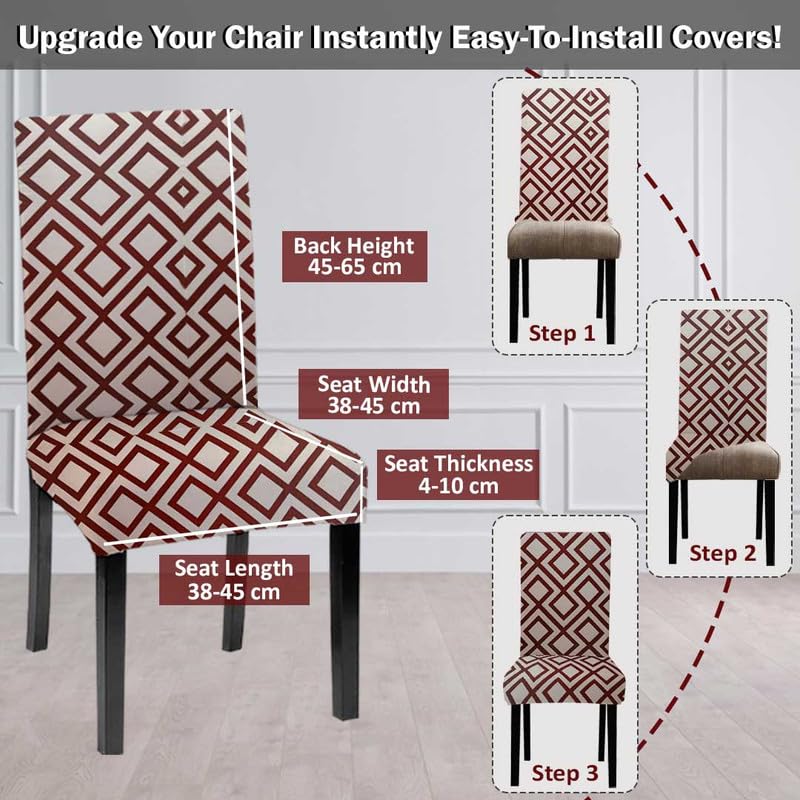HOTKEI Pack Of 6 Geometric Print Elastic Stretchable Dining Table Chair Seat Cover Protector Slipcover For Dining Table Chair Covers Stretchable 1 Piece Set Of 6 Seater OffWhite - Image 3