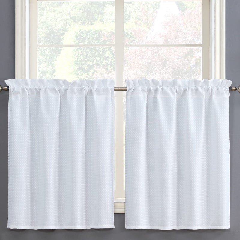 Home Queen White Water Resistant Bathroom Window Curtain Waffle Textured Half Tier Curtains for Kitchen Cafe 36 W X 36 L Inches Set of 2