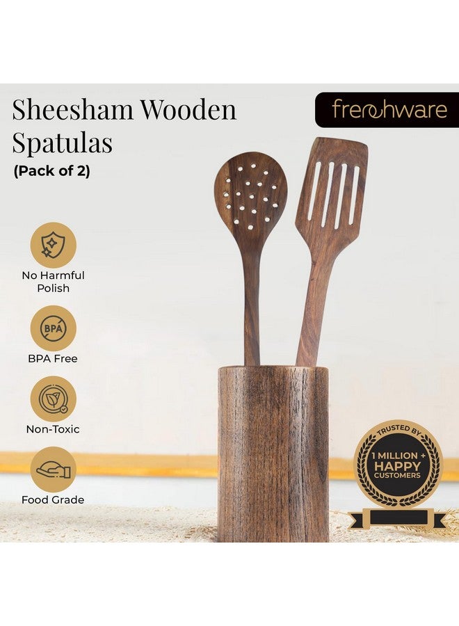FrenchWare أدوات فرنسية (مجموعة من 2، بني) ملاعق ومجرفة من خشب الشيشام النقي لأواني الطهي غير اللاصقة تستخدم للطهي، الخبز والخلط، تصميم سلس - Image 2