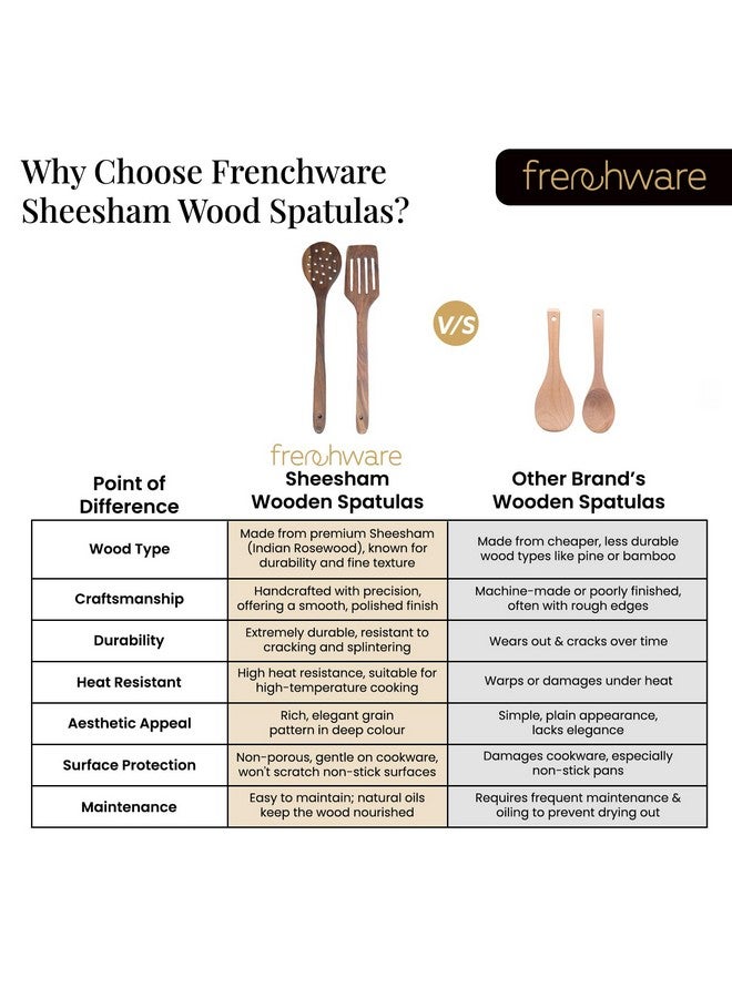 FrenchWare أدوات فرنسية (مجموعة من 2، بني) ملاعق ومجرفة من خشب الشيشام النقي لأواني الطهي غير اللاصقة تستخدم للطهي، الخبز والخلط، تصميم سلس - Image 5