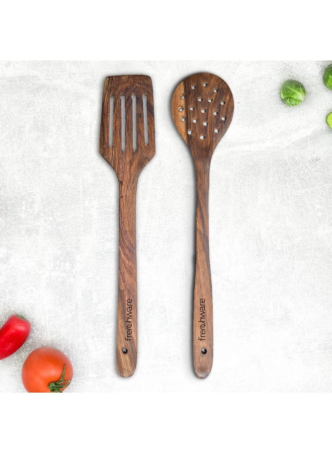FrenchWare أدوات فرنسية (مجموعة من 2، بني) ملاعق ومجرفة من خشب الشيشام النقي لأواني الطهي غير اللاصقة تستخدم للطهي، الخبز والخلط، تصميم سلس - Image 1