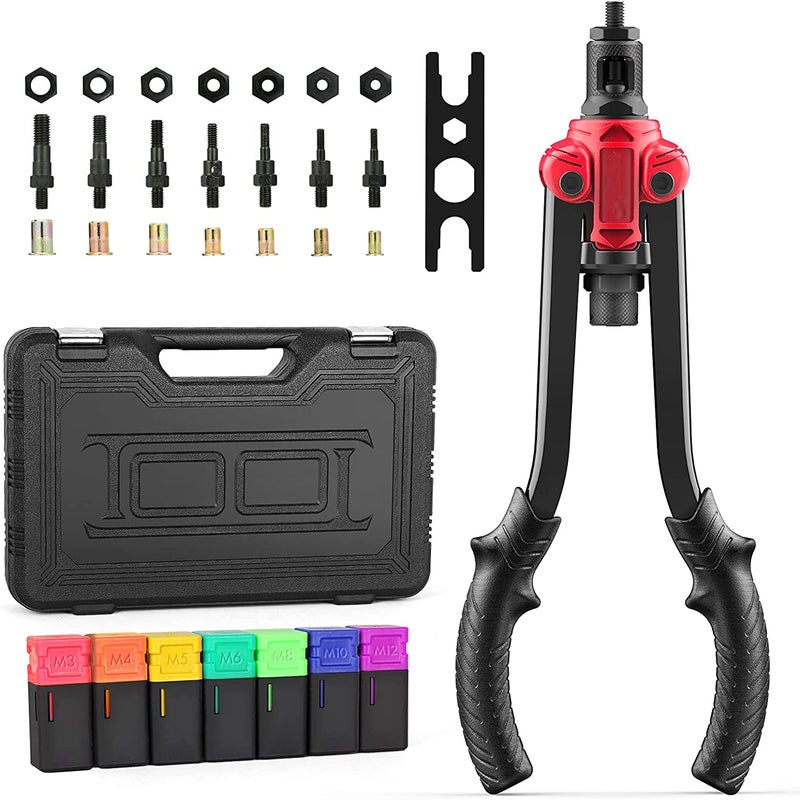 Hand Riveter Tool: Red Ergonomic Non-Slip Handle - High Durability 50# Carbon Steel Nut Setting Tool with 7 Interchangeable Spindles 35 Rivet Nuts Alloy Steel Wrench Toolbox for Auto Furniture DIY Pro - Image 1