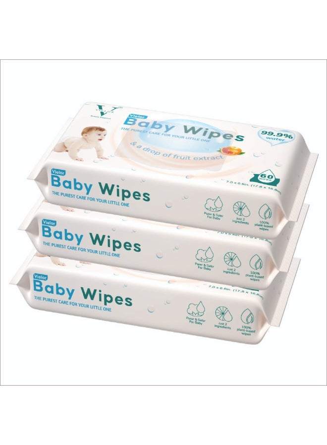Vielor Baby Wipes 99.9% Water with Fruit Extract – Ultra Gentle & Pure Baby Care Pack of 3 | Soft Sensitive Skin Wipes( 180 Wipes) – Baby Essentials | - Image 1