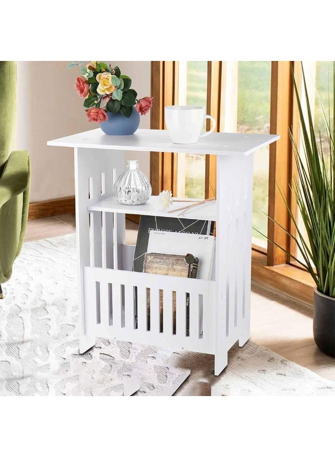 HOME TASTE 𝑯𝑶𝑴𝑬 𝑻𝑨𝑺𝑻𝑬 3-Tier Side Table with Storage Shelf & Magazine Rack, Compact PVC Wood End Table, Modern Bedside Table for Living Room, Bedroom & Office, White - Image 4