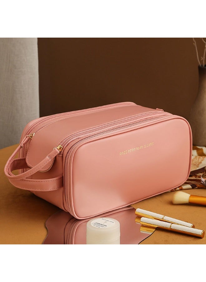 Large Capacity Travel Makeup Bag, Portable Cosmetic Bag, PU Leather Waterproof Cosmetic Bags with Makeup Brush Organizer for Women (Pink) - Image 1