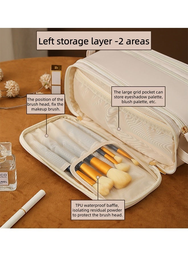 Large Capacity Travel Makeup Bag, Portable Cosmetic Bag, PU Leather Waterproof Cosmetic Bags with Makeup Brush Organizer for Women (Pink) - Image 5