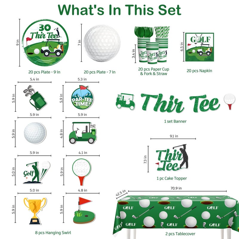 Xynic Golf 30th Birthday Decorations for Him, Golf Theme 30th Birthday Party Decorations with Thir-Tee Golf Themed Tableware Set, Banner, Hanging, Waterproof Tablecloth, Cake Topper, Serves 20 - Image 2