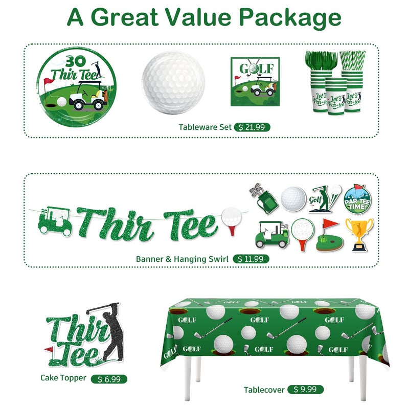 Xynic Golf 30th Birthday Decorations for Him, Golf Theme 30th Birthday Party Decorations with Thir-Tee Golf Themed Tableware Set, Banner, Hanging, Waterproof Tablecloth, Cake Topper, Serves 20 - Image 3