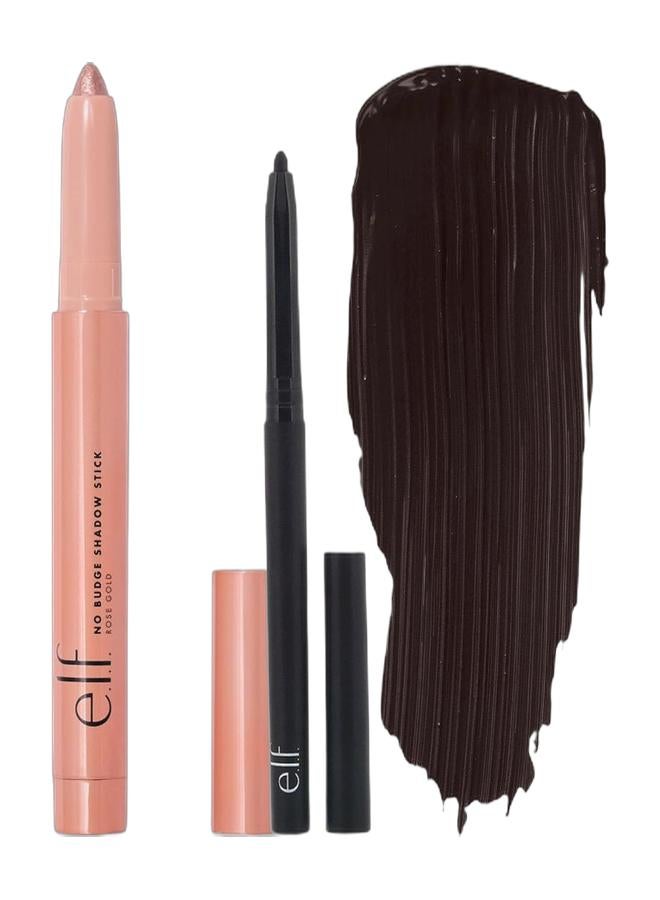 elf No Budge Retractable Eye Liner Black & Lash 'N Roll Mascara, Curling Mascara for Visibly Lifted Eyelashes, Lifts and Separates Eyelashes, Long-Lasting Formula, Vegan & Cruelty Free, Deep Brown, 9.2 g & No Budge Shadow Stick - Rose Gold Rose Gold Bundle - Image 1