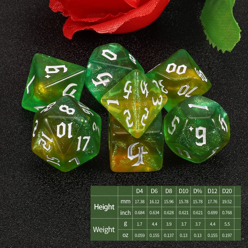 QMAY DND Dice Set -D&D Polyhedral Dice (7 Pcs) for Dungeons and Dragons (Pale Yellow and Green Glitter) - Image 2