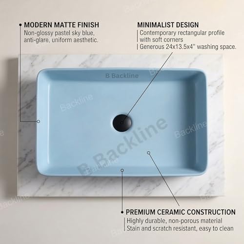 B Backline Ceramic Table Top Wash Basin Counter Top Bathroom Sink Wash Basin Art Basin For Bathrooms & Living Room 24 X 13.5 X 4 Inches (Light Blue Matt) (5 Years Warrenty) - Image 2