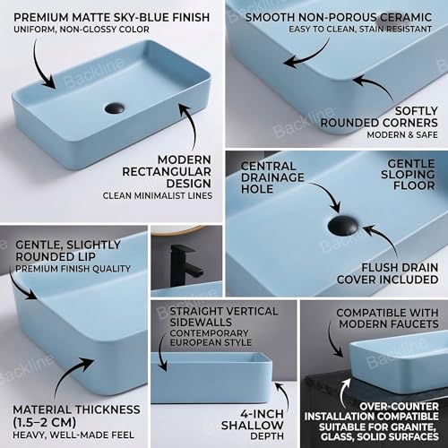 B Backline Ceramic Table Top Wash Basin Counter Top Bathroom Sink Wash Basin Art Basin For Bathrooms & Living Room 24 X 13.5 X 4 Inches (Light Blue Matt) (5 Years Warrenty) - Image 3