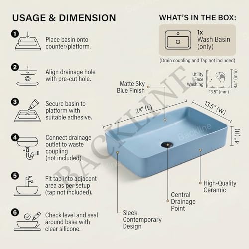 B Backline Ceramic Table Top Wash Basin Counter Top Bathroom Sink Wash Basin Art Basin For Bathrooms & Living Room 24 X 13.5 X 4 Inches (Light Blue Matt) (5 Years Warrenty) - Image 4