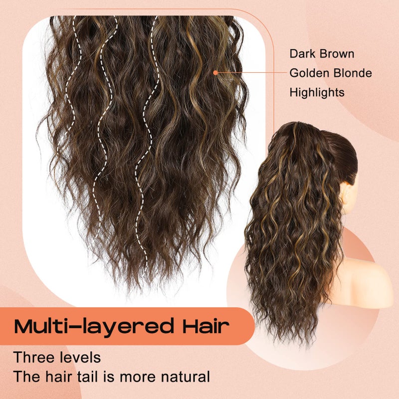 SEIKEA 18" Highlight Ponytail Extension, PT002 Tia Claw Long Multi Layered Fluffy Thick Wavy Jaw Clip in Fake Pony Tails Fake Hair Soft Natural Hairpiece Chocolate Brown Caramel Blonde Highlights - Image 2