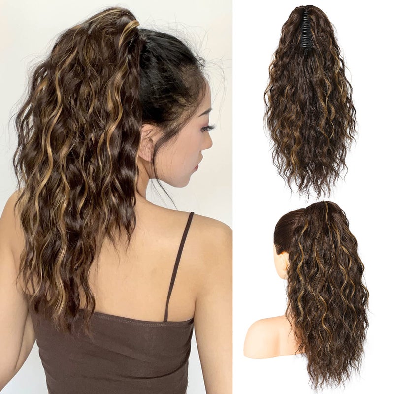SEIKEA 18" Highlight Ponytail Extension, PT002 Tia Claw Long Multi Layered Fluffy Thick Wavy Jaw Clip in Fake Pony Tails Fake Hair Soft Natural Hairpiece Chocolate Brown Caramel Blonde Highlights - Image 1