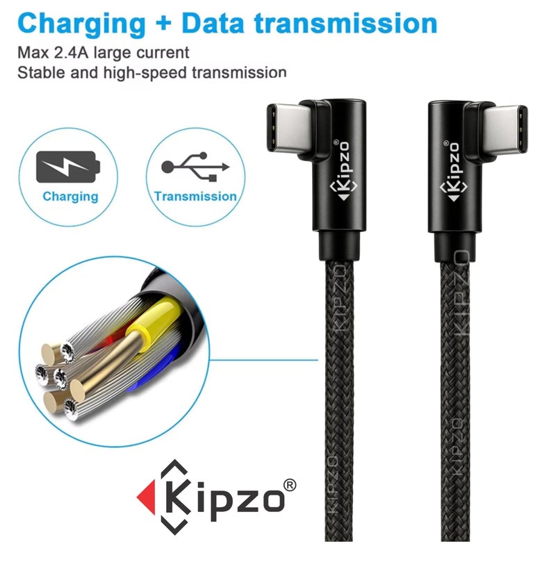 KIPZO® Black Type C to Type C Nylon braided 90 Degree right angle L shape USB-C small Data cable Fast Charging dash warp mini short power bank for Samsung one plus 60W s22 fold flip M34 max 15 16 4a - Image 4