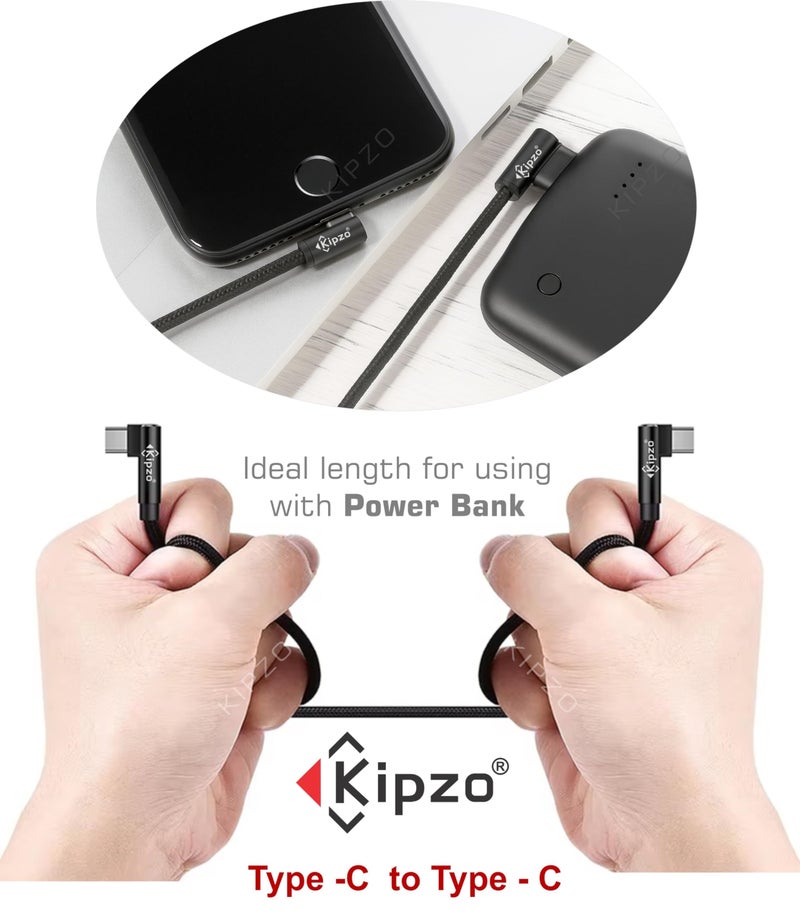 KIPZO® Black Type C to Type C Nylon braided 90 Degree right angle L shape USB-C small Data cable Fast Charging dash warp mini short power bank for Samsung one plus 60W s22 fold flip M34 max 15 16 4a - Image 2