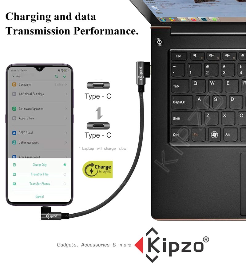 KIPZO® Black Type C to Type C Nylon braided 90 Degree right angle L shape USB-C small Data cable Fast Charging dash warp mini short power bank for Samsung one plus 60W s22 fold flip M34 max 15 16 4a - Image 3