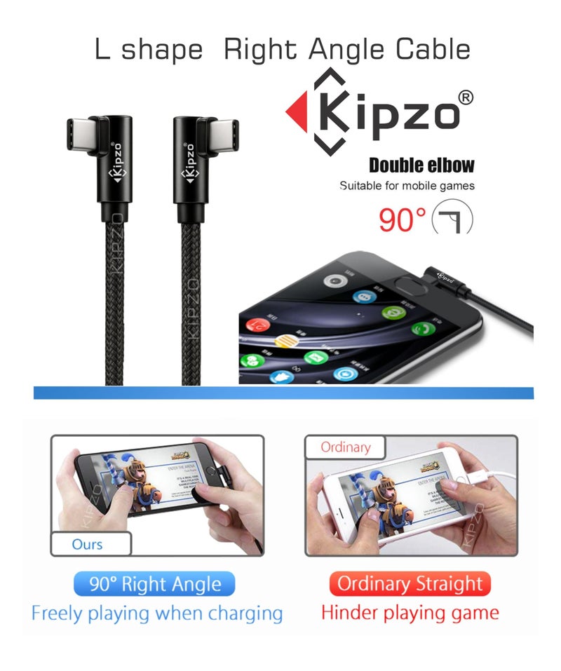 KIPZO® Black Type C to Type C Nylon braided 90 Degree right angle L shape USB-C small Data cable Fast Charging dash warp mini short power bank for Samsung one plus 60W s22 fold flip M34 max 15 16 4a - Image 5