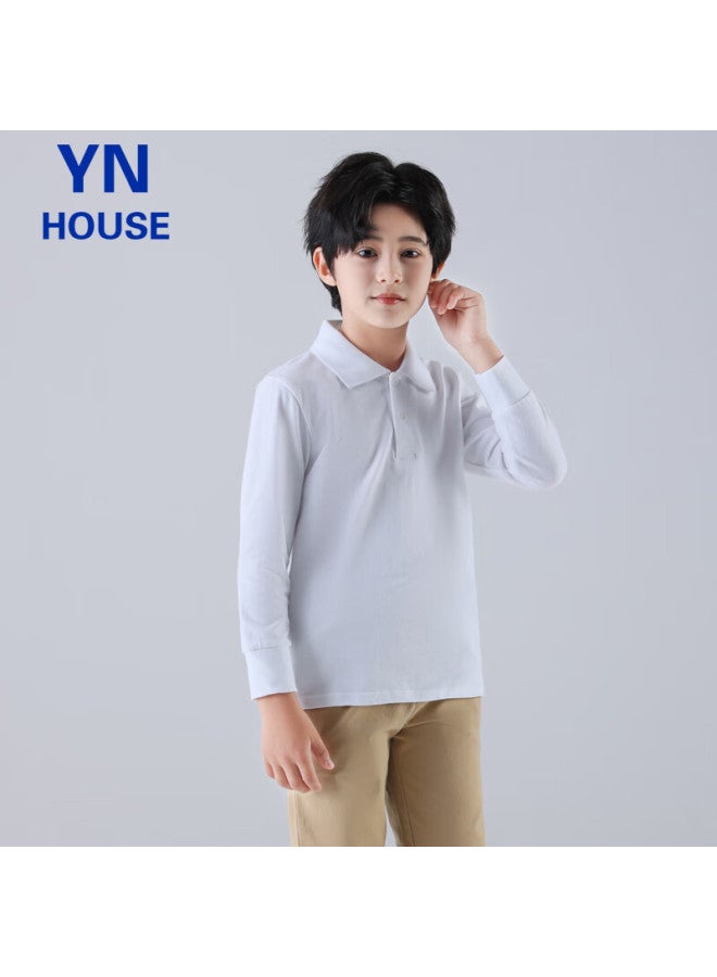 Yinuofang Children's Polo Shirt, Long-sleeve T-shirt, Cotton Shirt, White, Uni, White Long Sleeve, Size 160 - Image 3