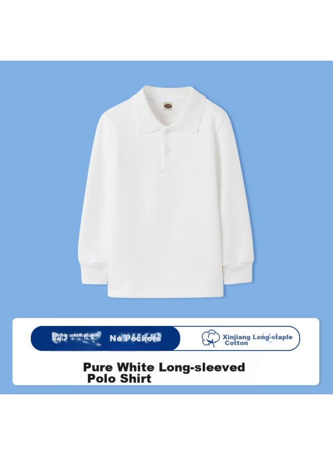 Yinuofang Children's Polo Shirt, Long-sleeve T-shirt, Cotton Shirt, White, Uni, White Long Sleeve, Size 160 - Image 1